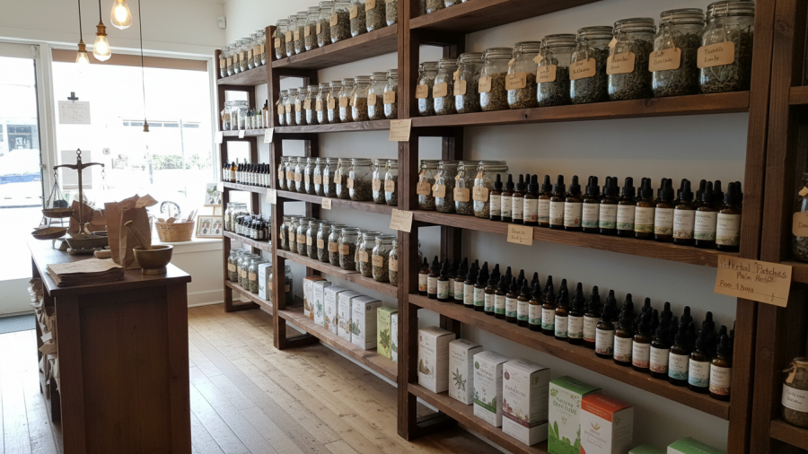 In-store environment showcasing various herbal formats like tea, tinctures, and patches.