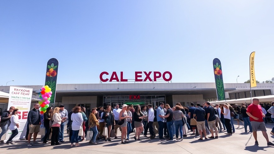 Excited attendees at Cal Expo entrance, ready with totes and water bottles.
