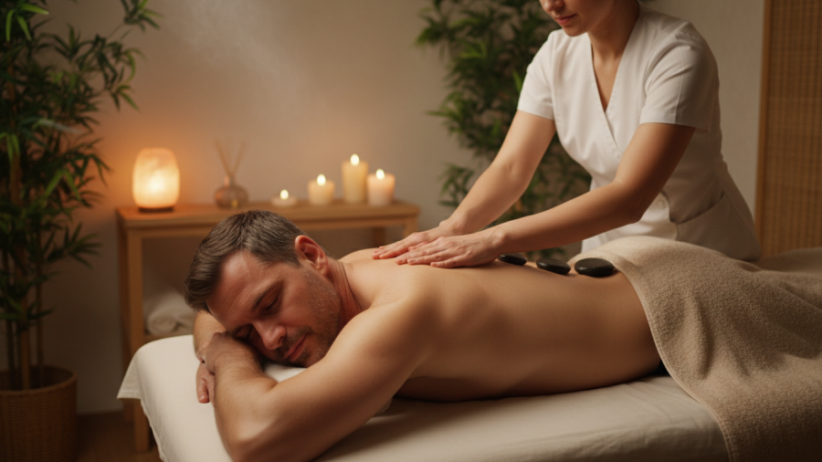 A man enjoying a relaxing massage in a serene environment.