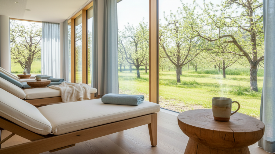 Relaxation lounge at a nature-inspired spa featuring eco-friendly wellness treatments.