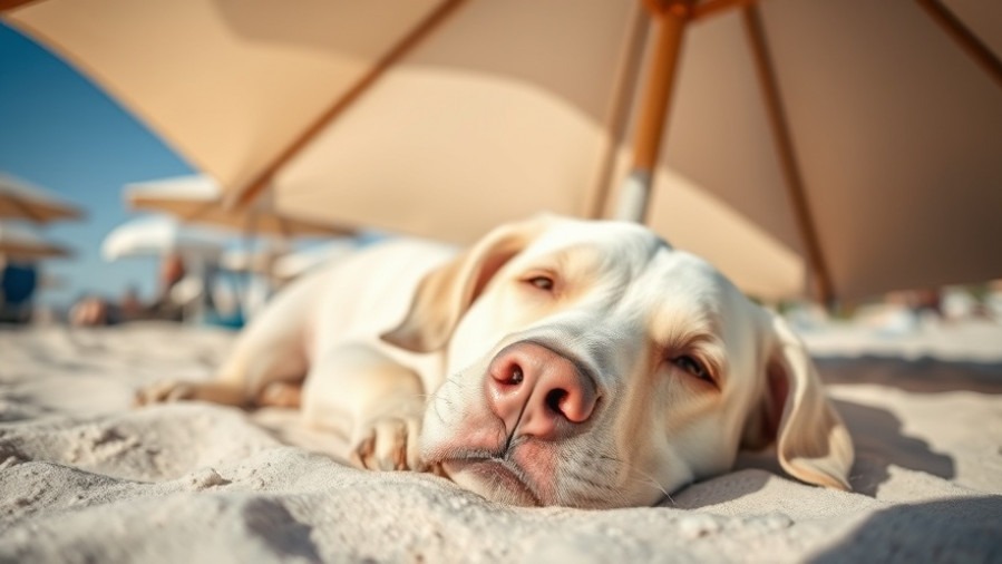 Dog sun protection under a beach umbrella, highlighting pet health and swimming safety.