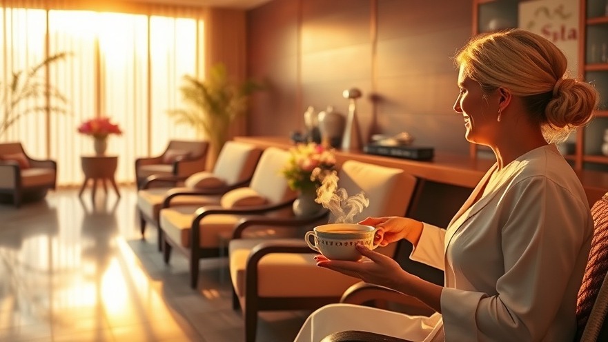 Serene spa lobby with warm light, offering herbal tea to a smiling guest.