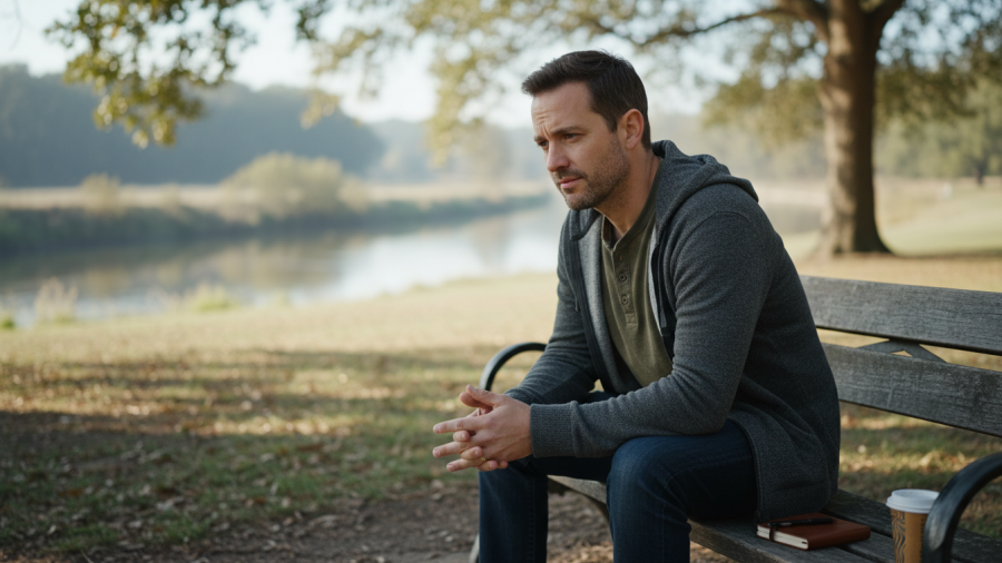 Thoughtful man in calm setting, reflecting on men's mental health and emotional wellness.