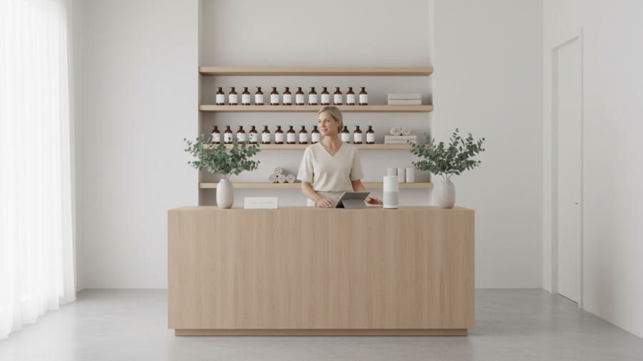Spa owner utilizes voice assistant technology in a serene reception area.