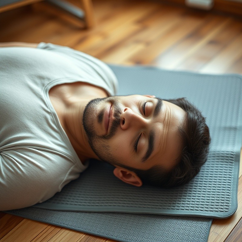 Man receiving PEMF therapy on a mat on wooden floor, natural light
