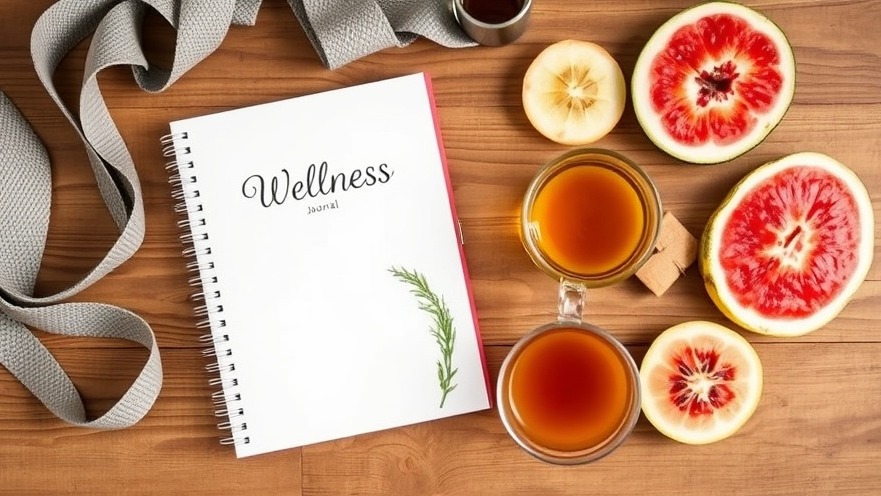 Wellness tools for stress and bloating management: journal, tea, yoga strap, and fruits.