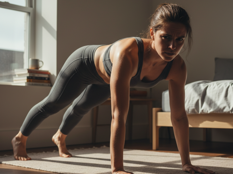 Person in reverse tabletop pose, showcasing core strength and mindful yoga effort.