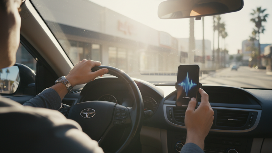 Close-up of a driver using voice assistant technology in a sunlit car interior.
