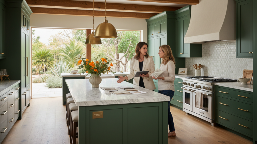 Interior designer consulting client in refined Sacramento kitchen, showcasing how interior design affects daily life.