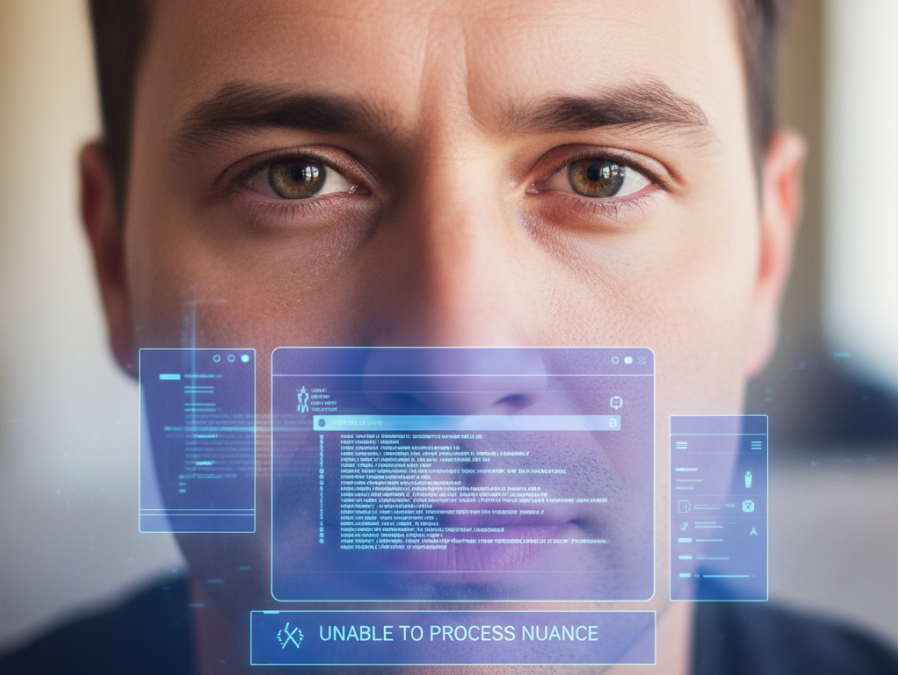 Close-up of a human face with AI interface, showcasing Remote Labor Index insights.