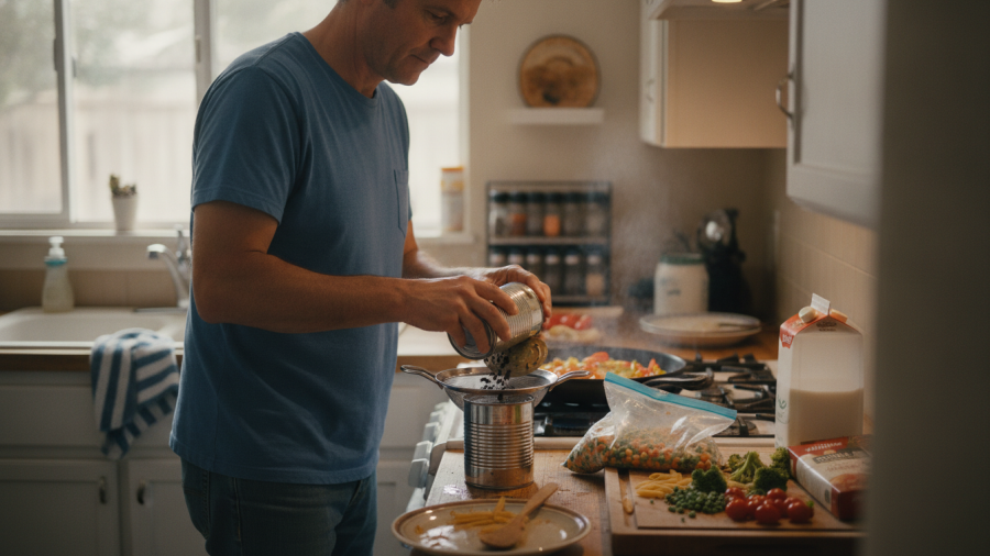 A man cooking a healthy dinner in Sacramento, showcasing ordinary food preparation.
