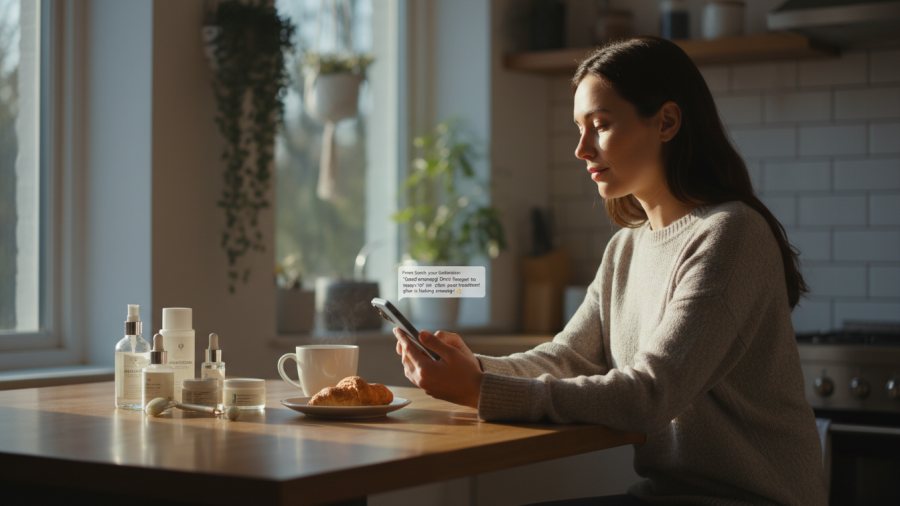 Client engaging with esthetician guidance in a warm kitchen setting
