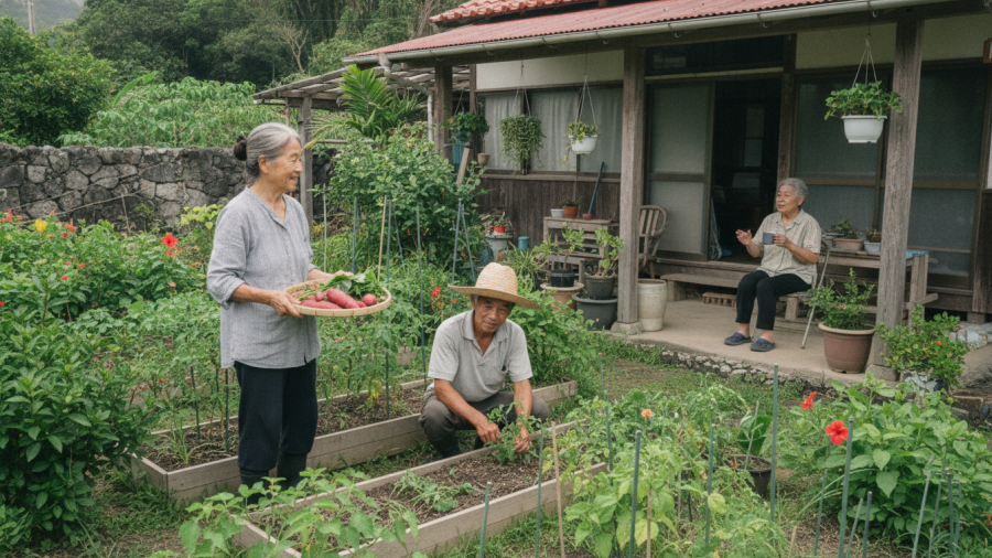 Older Japanese adults in an Okinawan garden embodying longevity traditions and healthy aging.