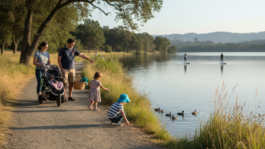 Family enjoying casual outdoor time at Willow Creek Recreational Area, Folsom, with paddleboarders on Lake Natoma.
