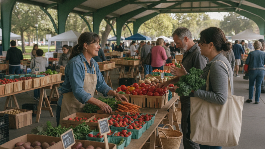 A farmer interacts with customers at the Davis Farmers Market, showcasing local produce.