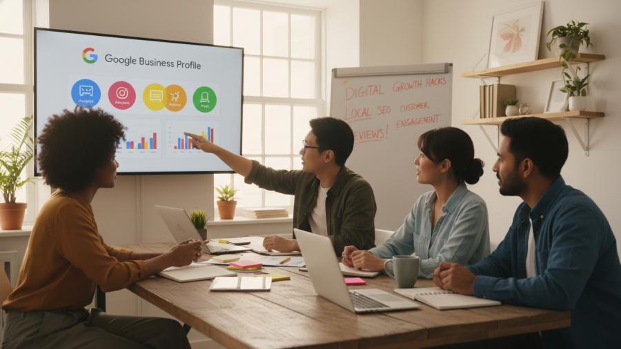 Diverse small business team discussing Google Business Profile tips in a digital strategy meeting.