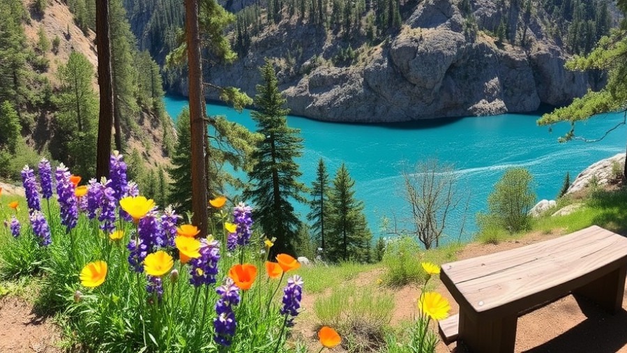 Panoramic view of South Yuba River canyon with vibrant wildflowers and turquoise water.