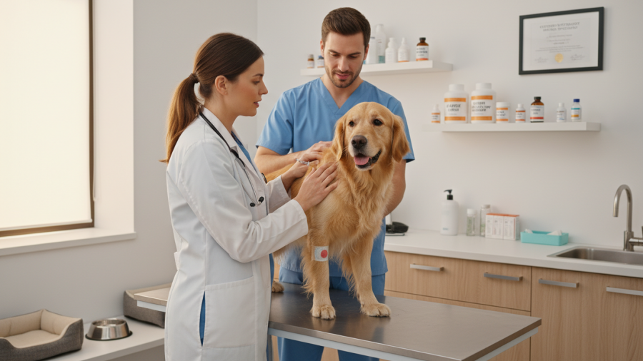 Veterinarian offers comforting pet allergy treatment in clinic.