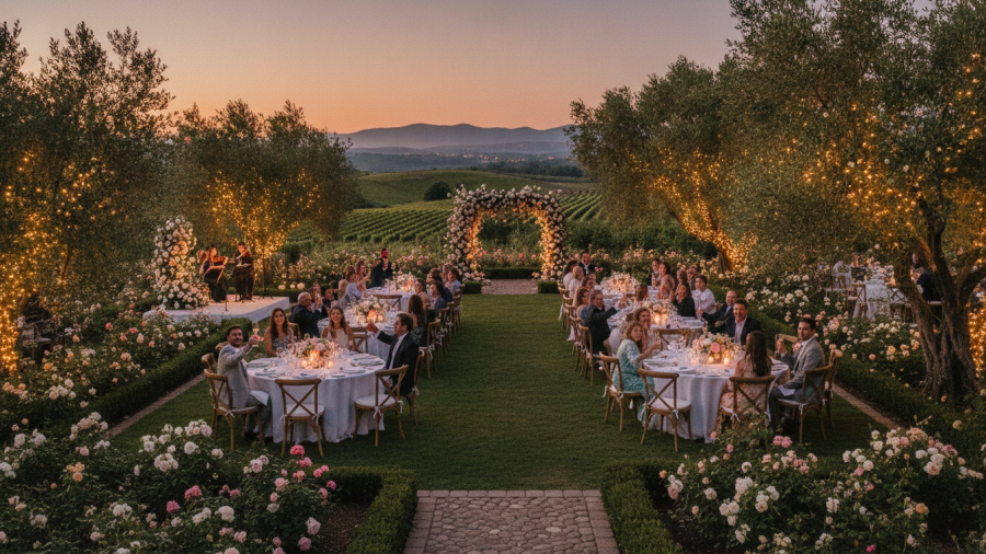 Scenic garden reception at a Sacramento outdoor wedding venue at sunset.