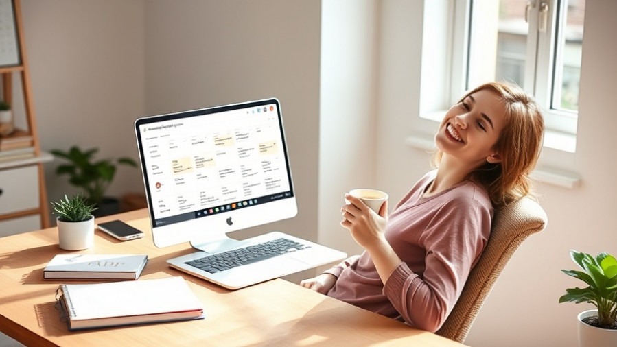Small business owner using social media automation tools in a calm workspace.
