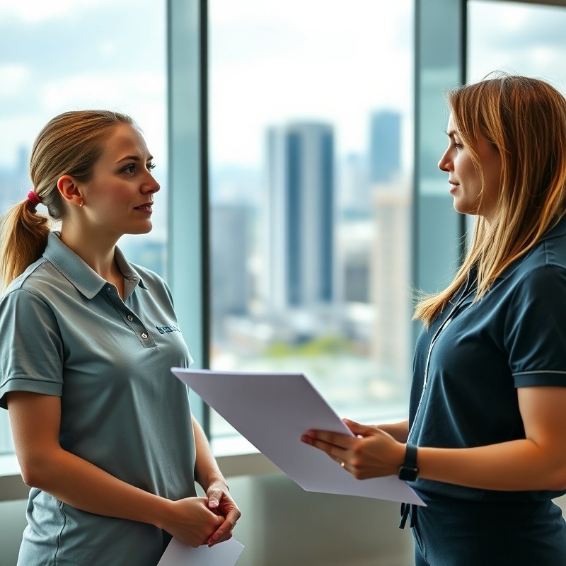 Two day spa employees, polo casual wear focused and serious, discussing work,