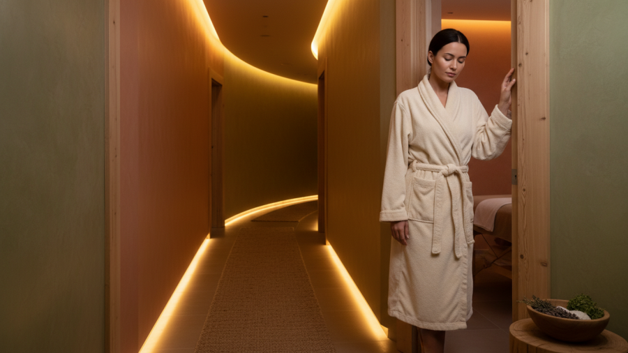 Patient in calm hallway before therapy session, signaling relaxation.