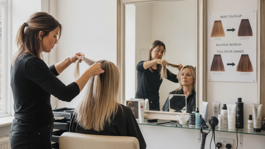 Stylist examining hair color grow-out for effective maintenance options.