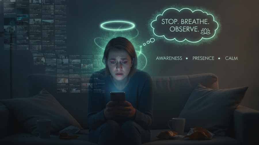 Mindfulness practices help combat doomscrolling and improve mental health.