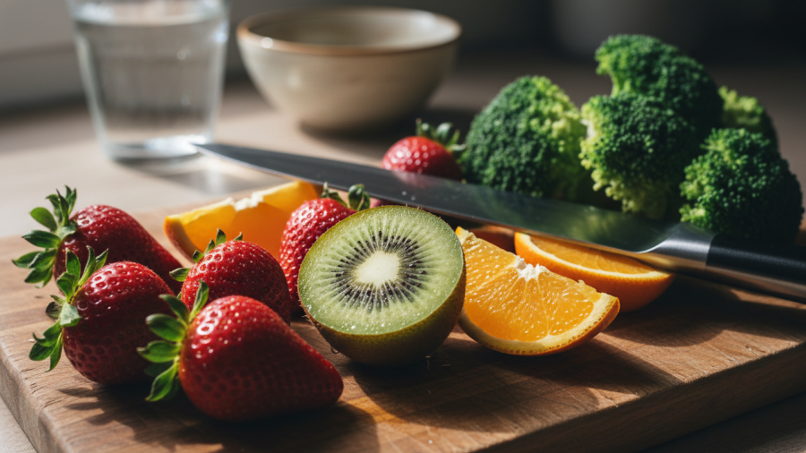 Vibrant Vitamin C foods for healthy living: kiwi, strawberries, orange slices, broccoli.