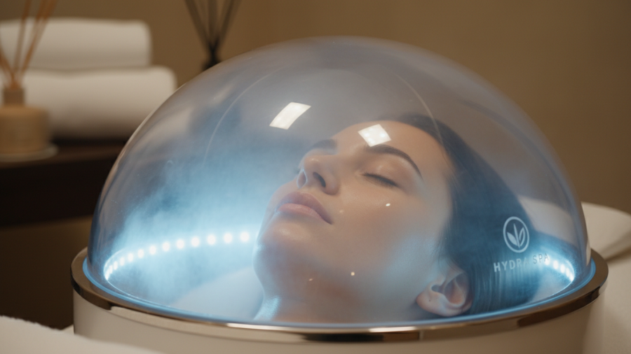 Client enjoying a Dior oxygen facial treatment under a glowing dome, focusing on hydration and relaxation.