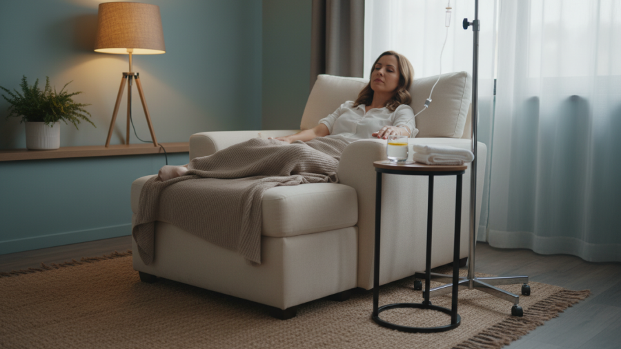 Relaxing IV therapy in a holistic health spa promoting natural beauty treatment.