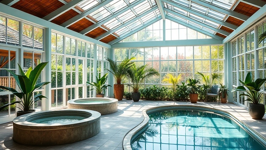 Serene spa pool area in a glass-walled pavilion with hydrotherapy tubs and lush plants.