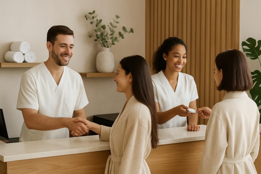 Welcoming front desk at a spa, showcasing friendly staff assisting clients.