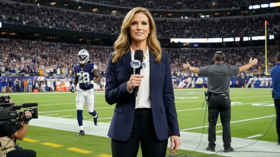 Erin Andrews' sports broadcasting success story, capturing football excitement and sideline energy.