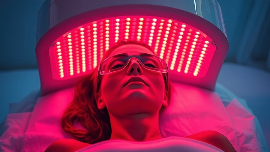 Client receiving red LED light therapy under a glowing treatment dome at a spa.