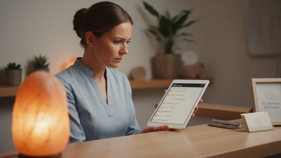 Spa owner reviews client ratings on a tablet, balancing five-star and one-star feedback.