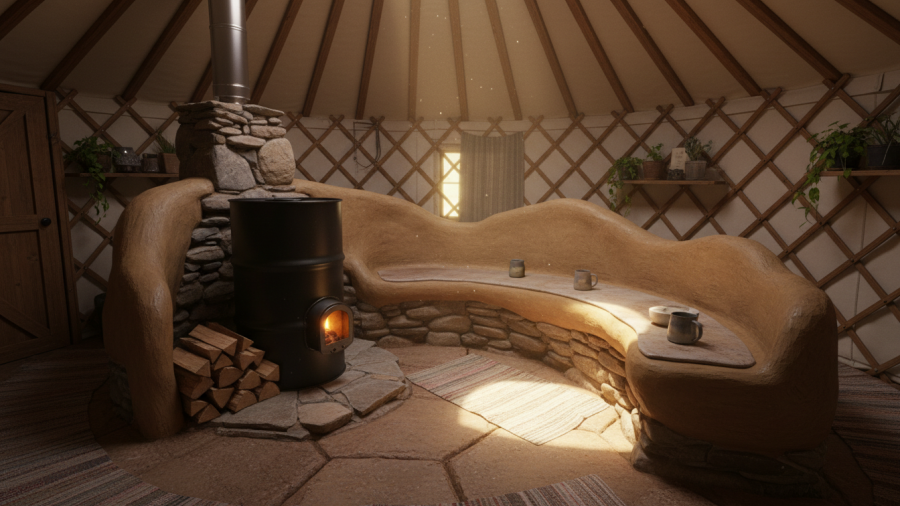 Efficient rocket mass heater in a yurt supporting a sustainable lifestyle