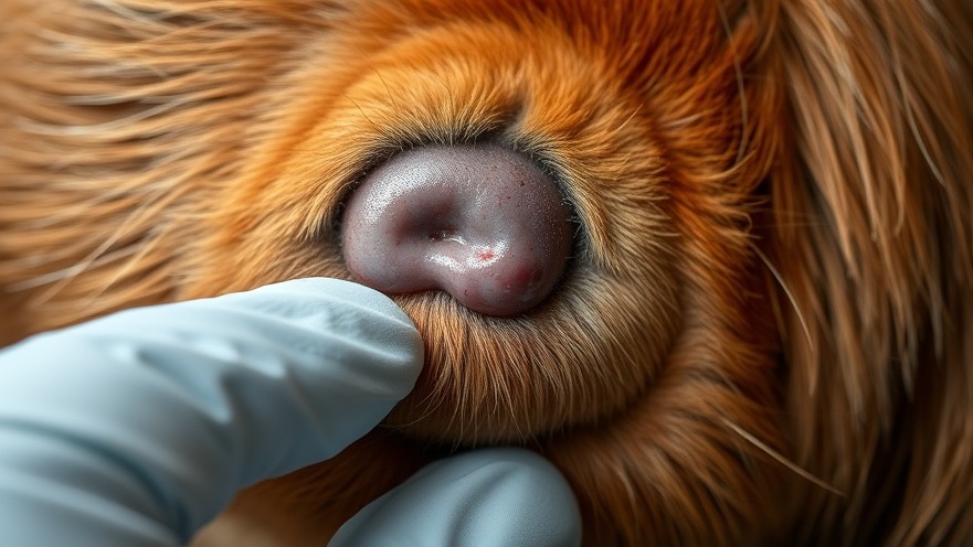 Close-up of a gloved hand examining a cyst on a dog's skin, highlighting benign lumps.