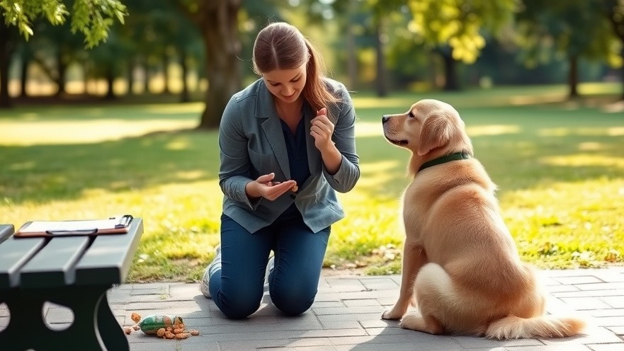 Professional dog trainer with golden retriever in a serene park training session.