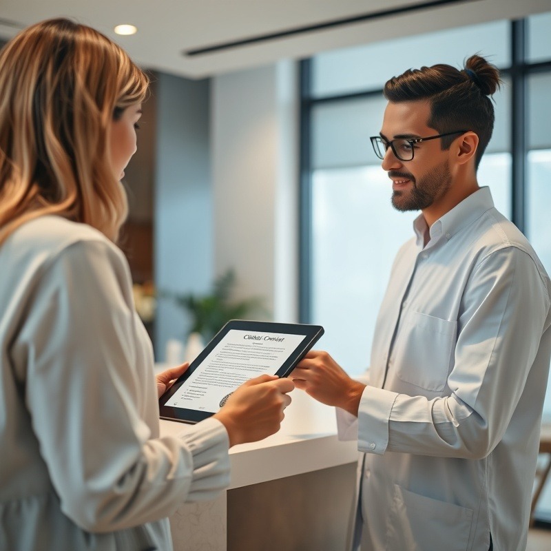Day Spa scene, client holding an ipad filling out a consent form while a spa front desk person is looking on