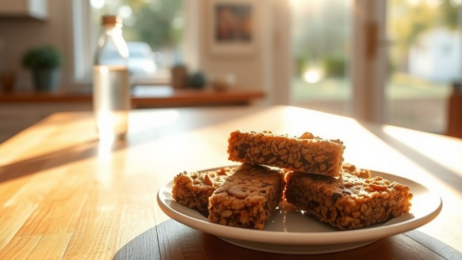 Homemade granola bars on a wooden kitchen counter bathed in morning sunlight.