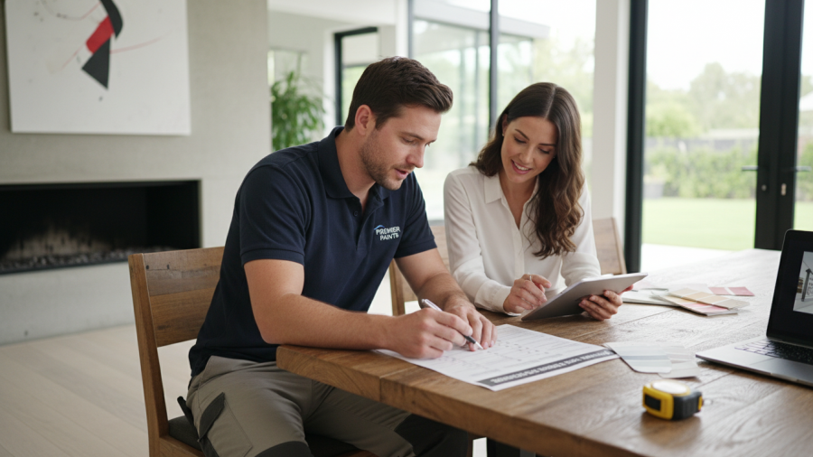 Contractor and client review a professional paint quote checklist in a modern home.