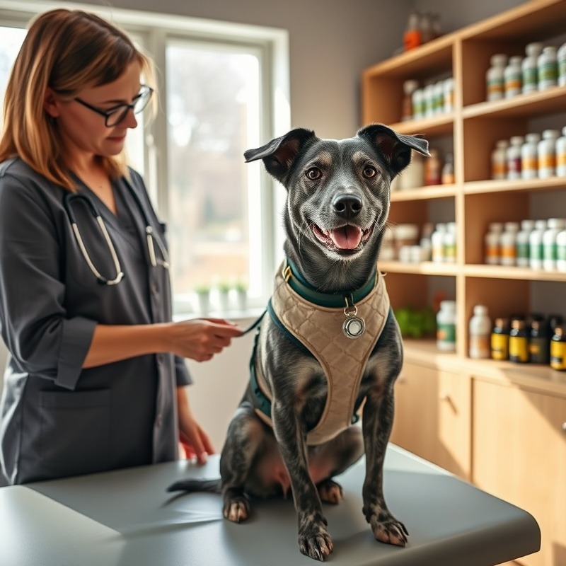 Blue heeler mix with harness at vet, holistic care and herbal remedies visible.
