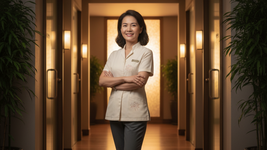 A warm and welcoming spa director exemplifying leadership in women in STEM initiatives.