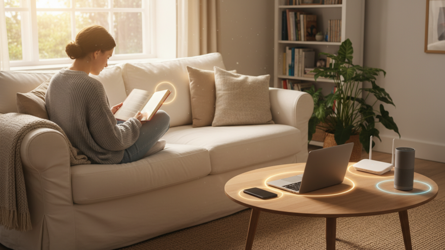 Cozy living room with electronics showing EMFs, promoting natural health and earthing.