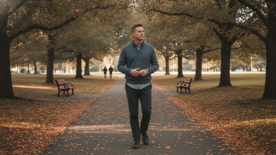A thoughtful man walks the tree-lined path in Sacramento, reflecting on mindfulness attitudes.