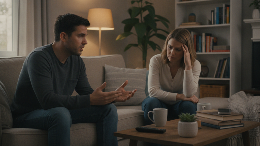 Two adults navigating emotional tension in a mindful conversation setting.
