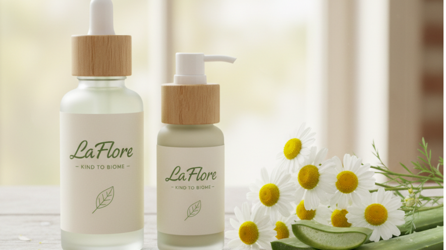 LaFlore bottles with chamomile and aloe, showcasing probiotics in skincare.