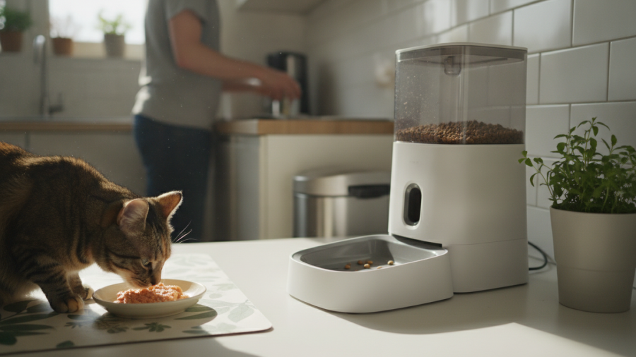 A cat enjoying wet food with a dry food feeder nearby, showcasing mixed feeding habits.