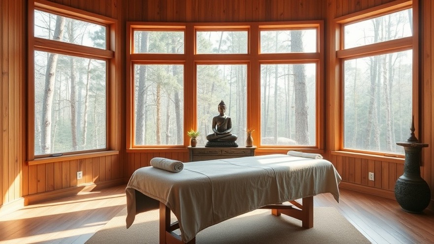 Wellness studio with massage table, Buddha statue, and forest views.